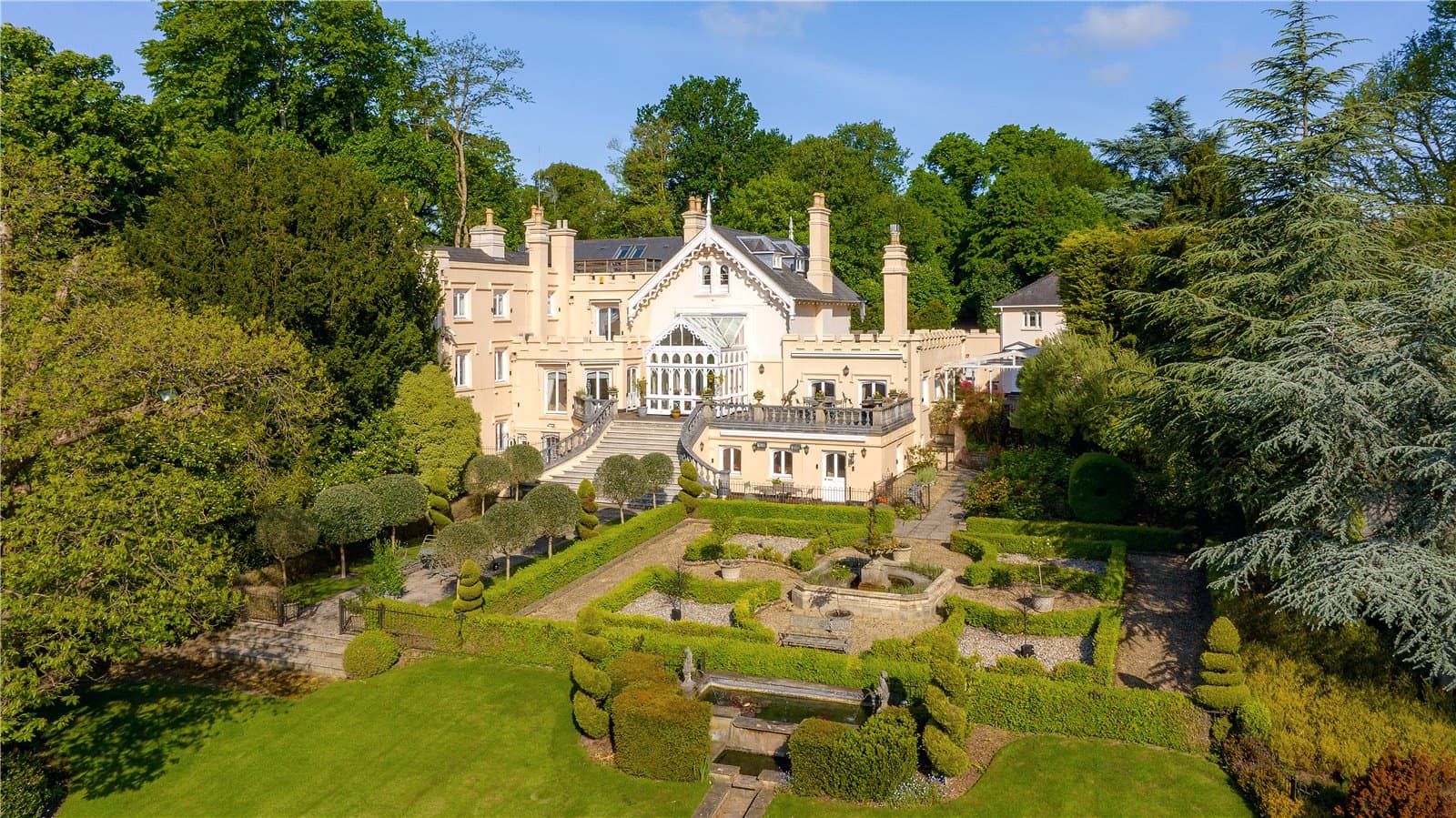 Aerial view of Highwood Lodge Farm Estate, Highwood Hill, London, showing the manor house and formal landscaped gardens